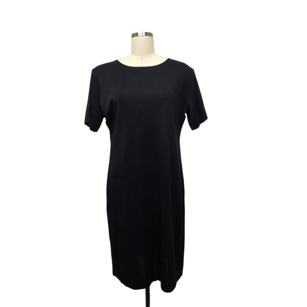 Misook Black Knit Short Sleeve Crew Neck Midi Sheath Dress Size Large Minimalist